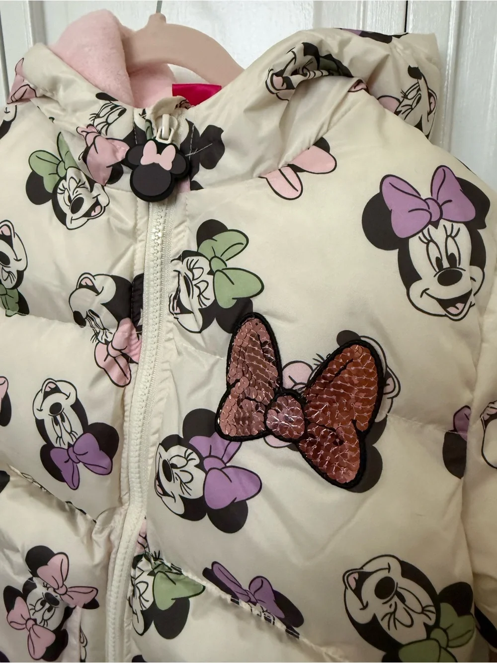 Disney Cream Minnie Mouse Hooded Puffer Jacket with Pink Bow & Black Ear Details